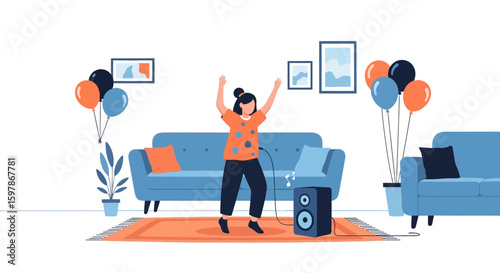 Carefree Moments: Dancing To Music In The Living Room At Home Celebration