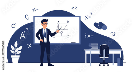 Enthusiastic Teacher Explaining Geometry On Whiteboard For Online Learning In The Classroom