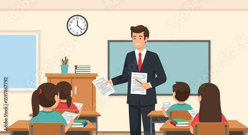 Enthusiastic Teacher Explaining Lesson to Students in a Classroom Environment