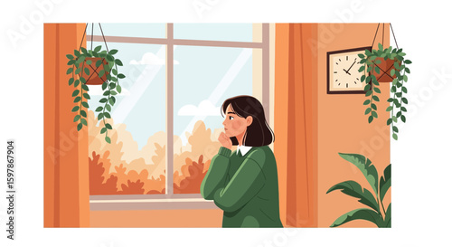 Daydreaming Young Woman Looking Through Window At Outdoor Autumn Scenery