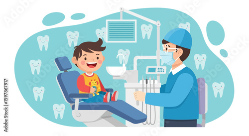 Happy Young Boy Visiting Dentist For Regular Checkup And Dental Care