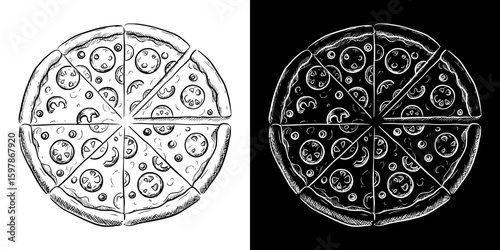 Isolated vector image of pizza, hand-drawn image in two design variants - on transparent and black background, chalk drawing
