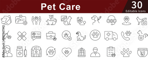 Pet Care Line Icons Set with Editable Stroke for Animal, Veterinary, Health, and Pet Services