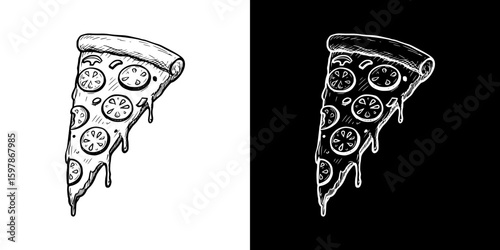 Pizza slice chalk drawing, isolated hand-drawn vector image in two design variants - on transparent and black background
