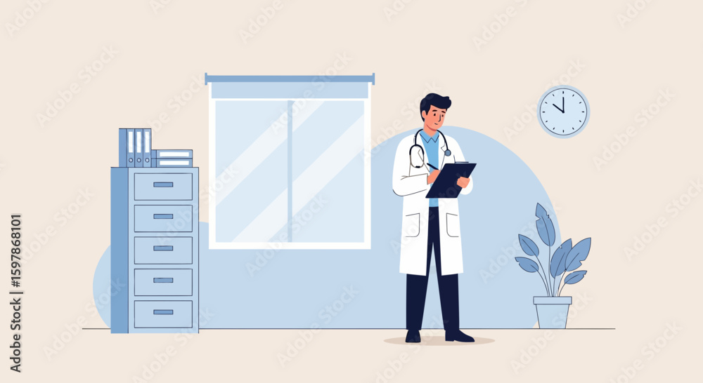 Fototapeta premium Dedicated Doctor Taking Notes In His Office With Essential Equipment Around