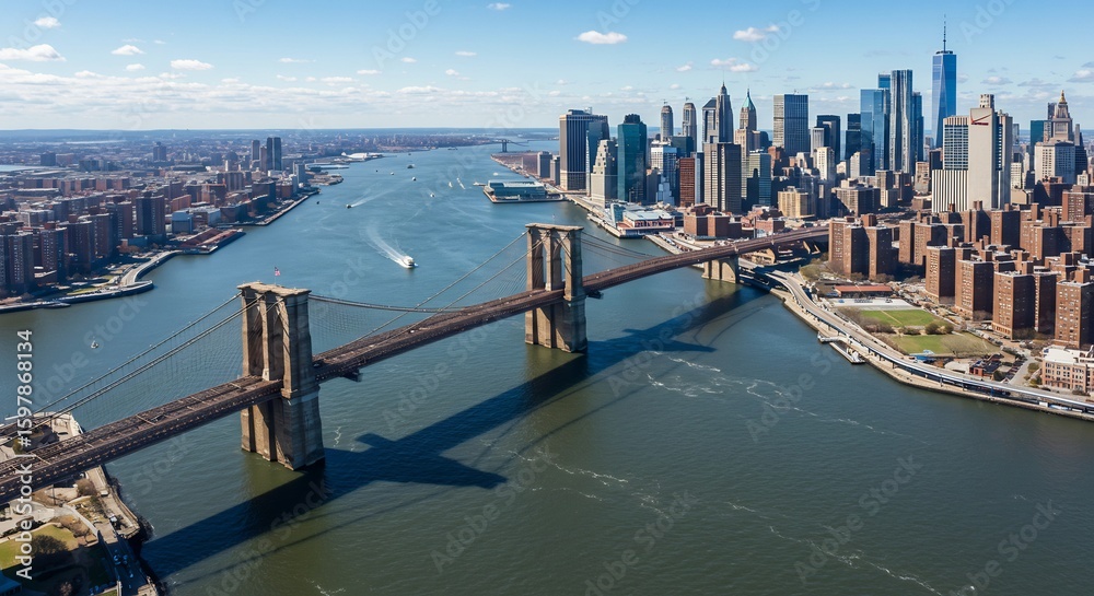 Obraz premium 輝くマンハッタンとブルックリン橋 爽快な高画質空撮