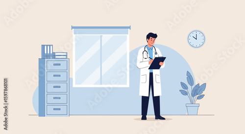 Dedicated Doctor Taking Notes In His Office With Essential Equipment Around