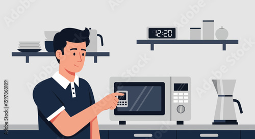 Man Using Microwave In Kitchen Modern Appliances Minimalist Interior Style