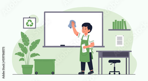 Enthusiastic Young Janitor Cleans Whiteboard In Eco Conscious Classroom Illustration