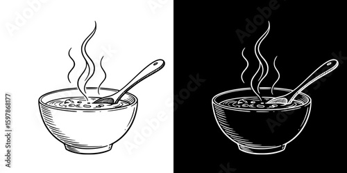 Isolated vector image of a steaming bowl of soup, hand-drawn image in two design variants - on transparent and black background, chalk drawing
