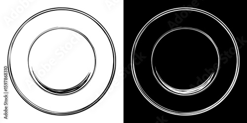 Isolated vector image of a circular plate, hand-drawn image in two design variants - on transparent and black background, chalk drawing
