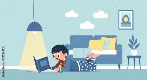 Evening Reading Adventure A Boy Enjoys Storytime With Teddy Bear Home