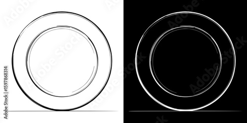 shallow plate, isolated hand-drawn vector image in two design variants - on transparent and black background, chalk drawing
