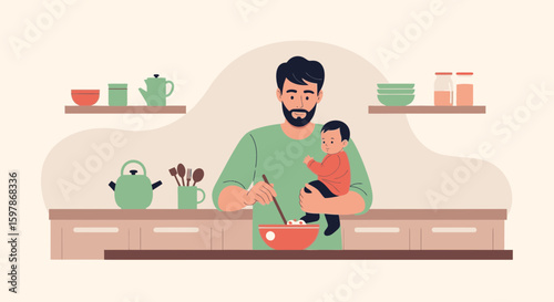 Caring Father Cooking Holding His Baby in Kitchen Flat Vector Illustration