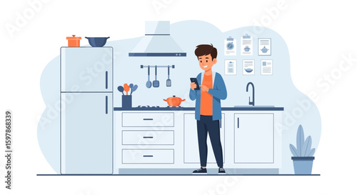 Man Using Smartphone In Kitchen Reading Recipe or Social Media Post