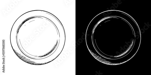 plate, isolated hand-drawn vector image in two design variants - on transparent and black background, chalk drawing
