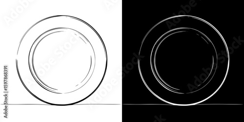 Isolated vector image of a plate, hand-drawn image in two design variants - on transparent and black background, chalk drawing

