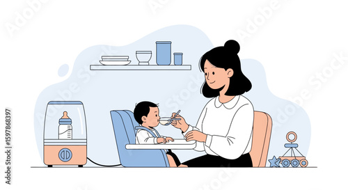 Caring Mother Feeds Her Adorable Baby In High Chair With Spoon Inside Home