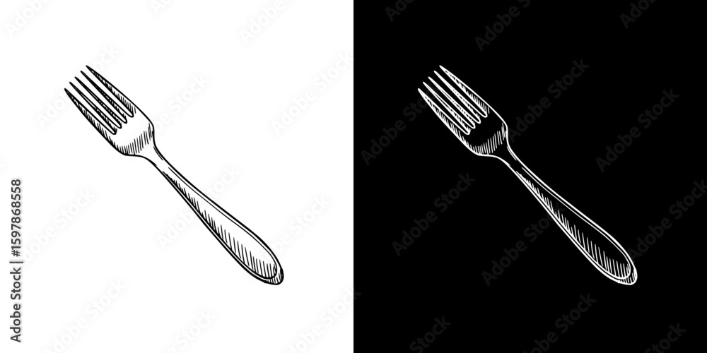 Fork, isolated hand-drawn vector image in two design variants - on transparent and black background, chalk drawing
Fork, isolated hand-drawn vector image in two design variants - on transparent and black background, chalk drawing