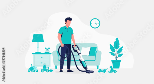 Man Vacuuming In The Living Room Cleaning Home Interior Concept