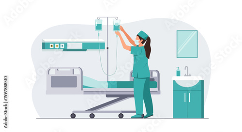 Dedicated Nurse Preparing Iv Drip In Hospital Room With Modern Amenities