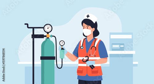 Dedicated Nurse Inspecting Oxygen Levels In A Medical Facility Illustration