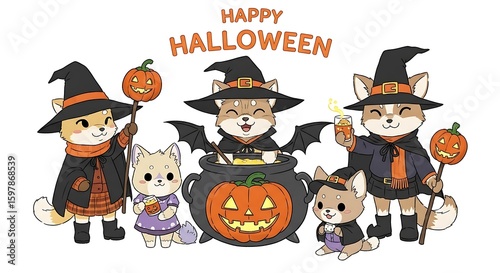 Cartoon shiba inu dogs celebrating halloween in costumes with pumpkins and a cauldron of potion