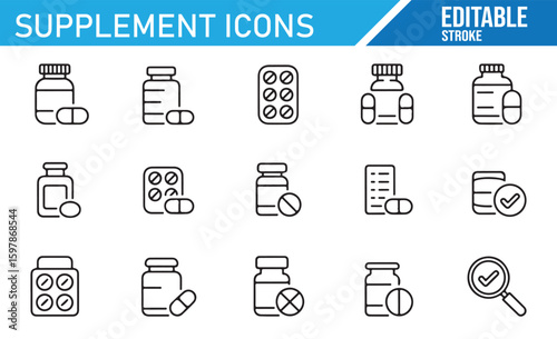 Collection of Editable Vitamin and Supplement Bottle Icons for Healthcare Branding