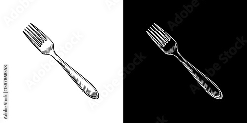 Fork, isolated hand-drawn vector image in two design variants - on transparent and black background, chalk drawing
