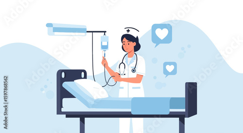 Dedicated Nurse Setting Up Intravenous Drip In Hospital Room
