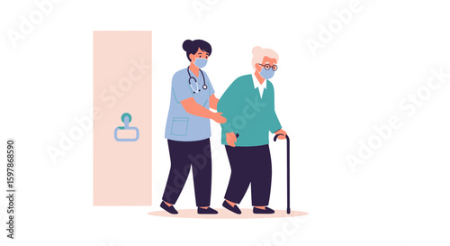 Healthcare Professional Assisting Senior Woman With Mobility In Medical Facility