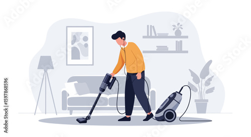 Man Vacuuming While Listening Music In Living Room Vector Illustration