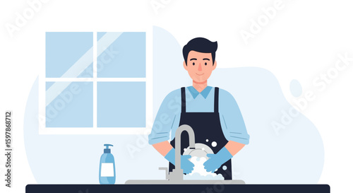 Man Washing Dishes In Sink With Soap At Home Vector Illustration