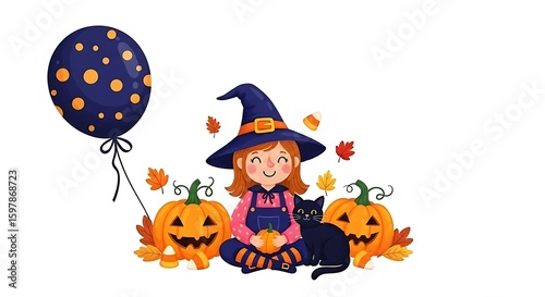 A cute witch with a cat pumpkins and a balloon celebrating halloween on a white background art