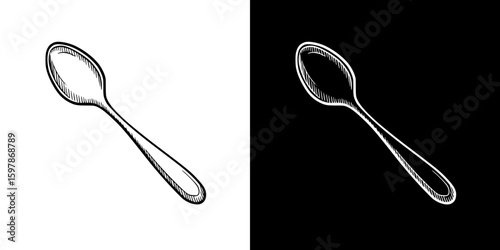 spoon, isolated hand-drawn vector image in two design variants - on transparent and black background, chalk drawing