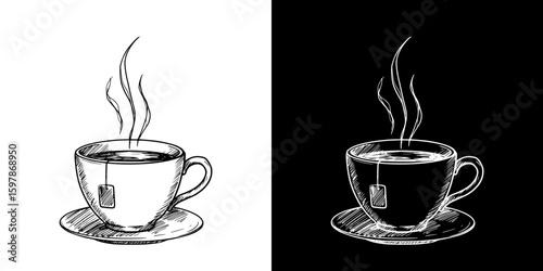 Tea cup with tea bag, isolated hand-drawn vector image in two design variants - on transparent and black background, chalk drawing