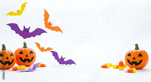 Halloween scene with pumpkins, bats, and candy corn on a white background for a festive display