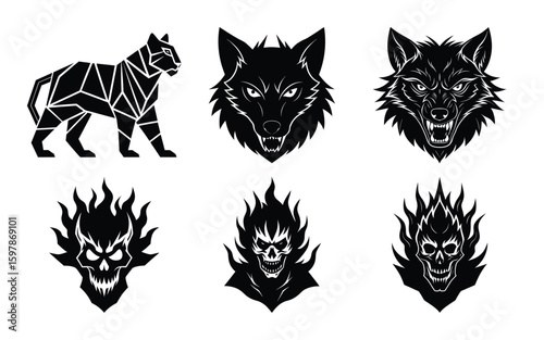 Vector art of a tiger, wolves, and flaming skulls in black and white