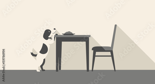 Cartoon Dog Longing For Food On The Table In Monochrome Illustration Style