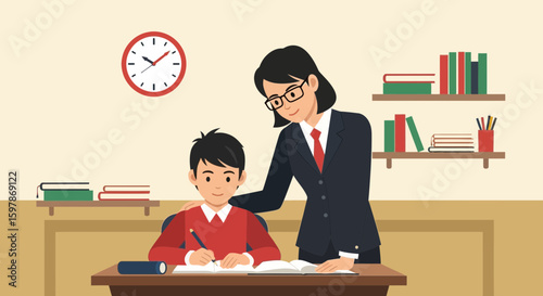 Dedicated Teacher Assisting Student With Schoolwork In Classroom Setting Illustration