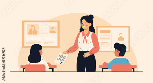 Dedicated Teacher Delivering Assignments To Students In A Classroom Setting