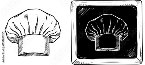Chef hat sketch, isolated hand-drawn vector image in two design variants - on transparent and black background, chalk drawing