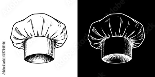 Chef's hat , isolated hand-drawn vector image in two design variants - on transparent and black background, chalk drawing