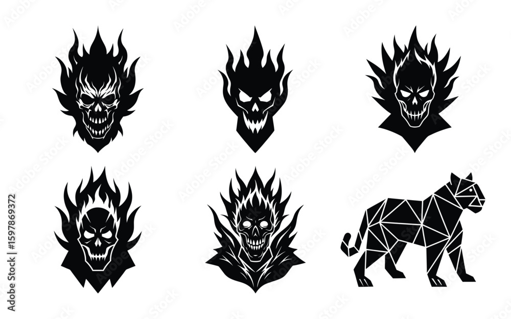 Obraz premium Vector art of six flaming skulls and a geometric cat in black and white