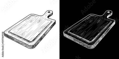 a cutting board, isolated hand-drawn vector image in two design variants - on transparent and black background, chalk drawing