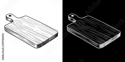 wooden cutting board, isolated hand-drawn vector image in two design variants - on transparent and black background, chalk drawing