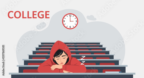 Exhausted Student Asleep During A Lecture In An Auditorium Of A Higher Institution