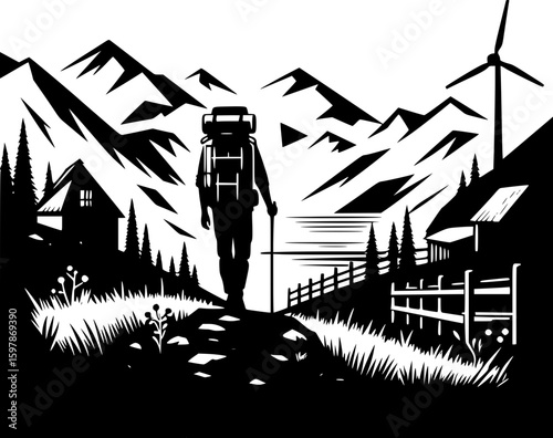 Minimalist black and white hiking vector with clean lines. Modern, geometric, scalable, perfect for logos, stickers, and digital use.