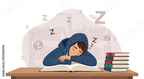Exhausted Student Napping On Books After Studying Hard Sleeping In Library