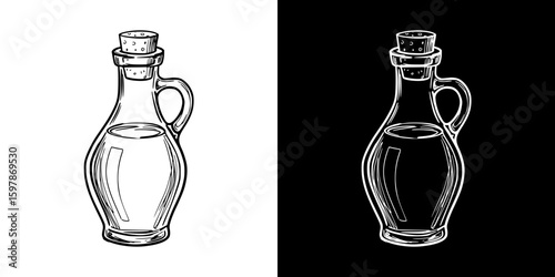 Oil bottle, isolated hand-drawn vector image in two design variants - on transparent and black background, chalk drawing